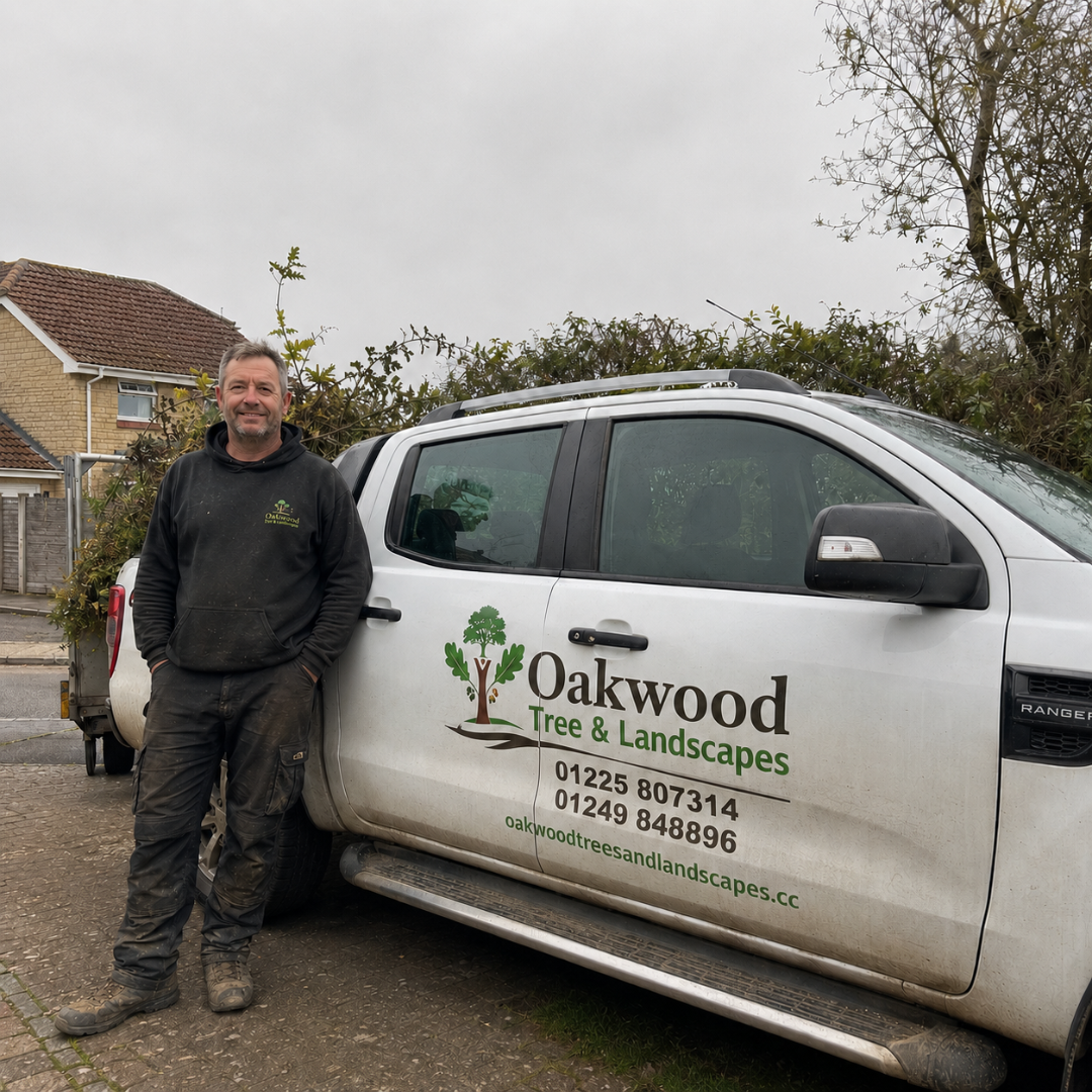 Ezah, owner of Oakwood Tree & Landscapes, standing beside the company Ford Ranger